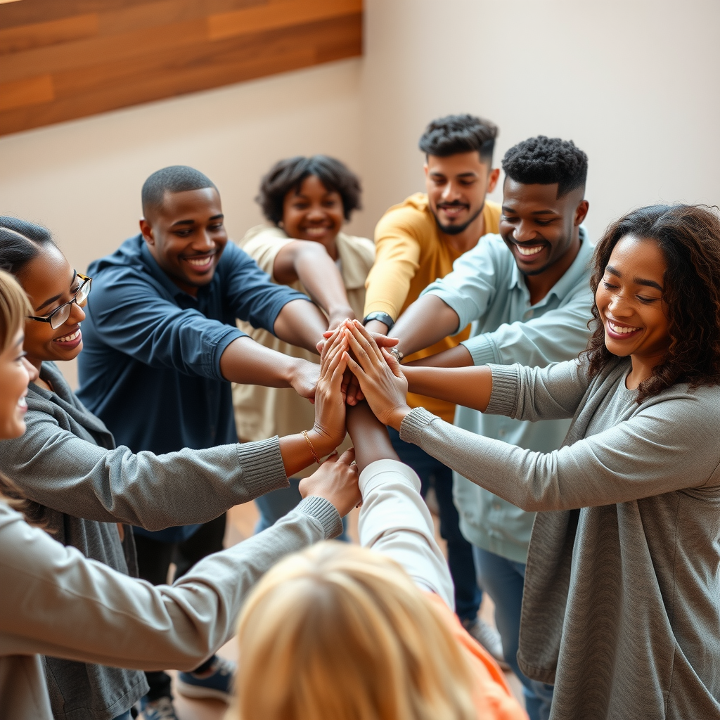 Diverse group of community members joining hands in a circle, symbolizing unity and support, with warm natural lighting and hopeful expressions