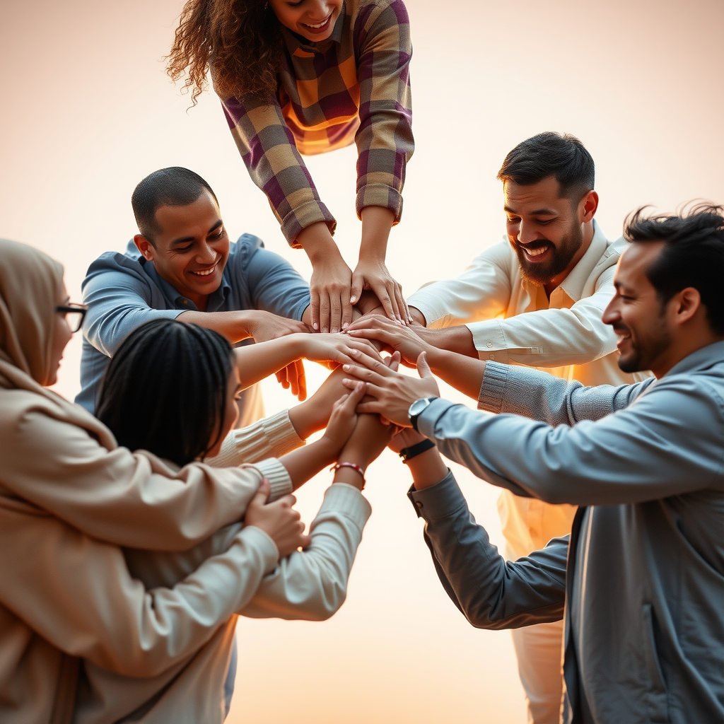 Diverse group of community members joining hands in a circle, symbolizing unity and support, with warm sunlight filtering through, representing hope and collaboration in social services
