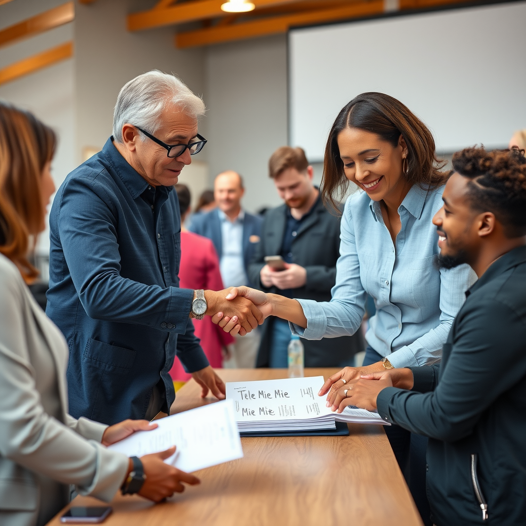 Real estate professionals collaborating at a community event, reviewing documents and shaking hands with families, showing the human connection between agents and the communities they serve through charitable giving