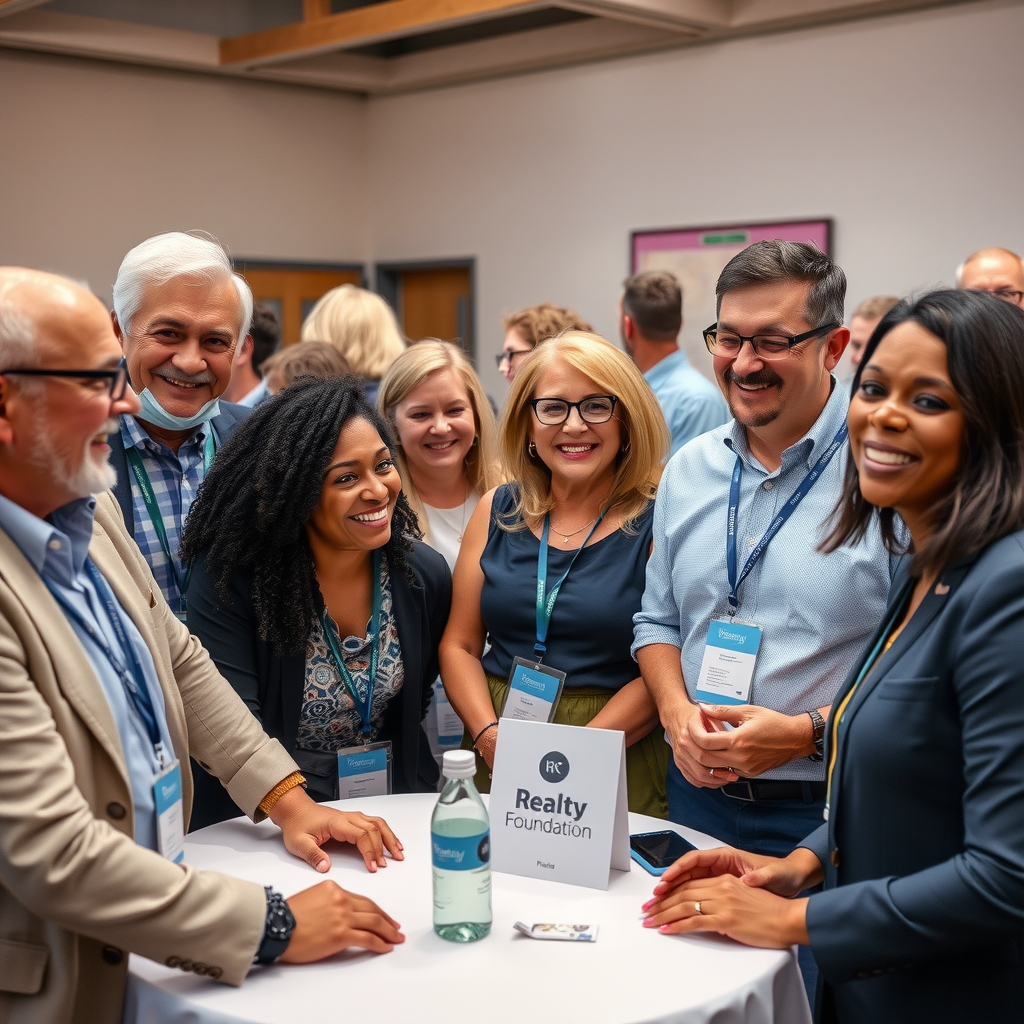 Real estate agents and community members gathering together at a Realty Foundation event, smiling and celebrating their collective impact, warm community atmosphere