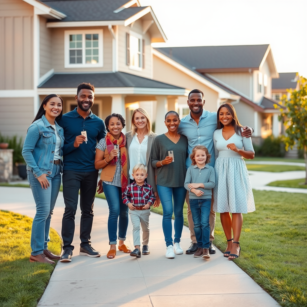 Diverse families standing in front of their new homes, smiling and holding house keys, warm afternoon sunlight, residential neighborhood with well-maintained houses and green lawns