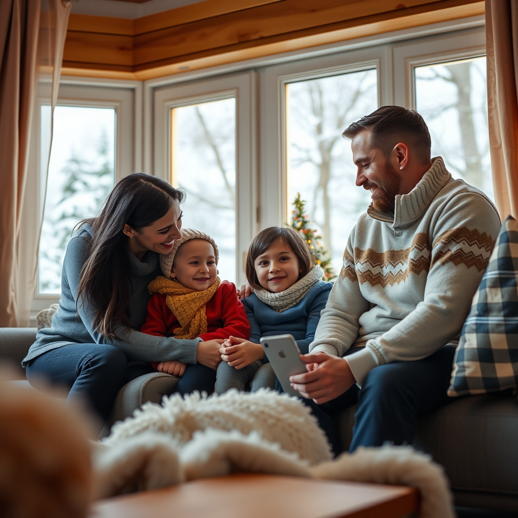Warm, welcoming image of a family in a cozy home during winter, with soft lighting through windows showing snow outside, representing the comfort and security that housing support provides during cold months