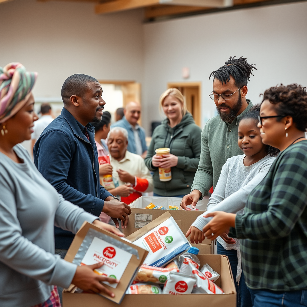 Volunteers distributing food and supplies to families in need at a community center, showing diverse volunteers helping people of all ages with warm, caring interactions