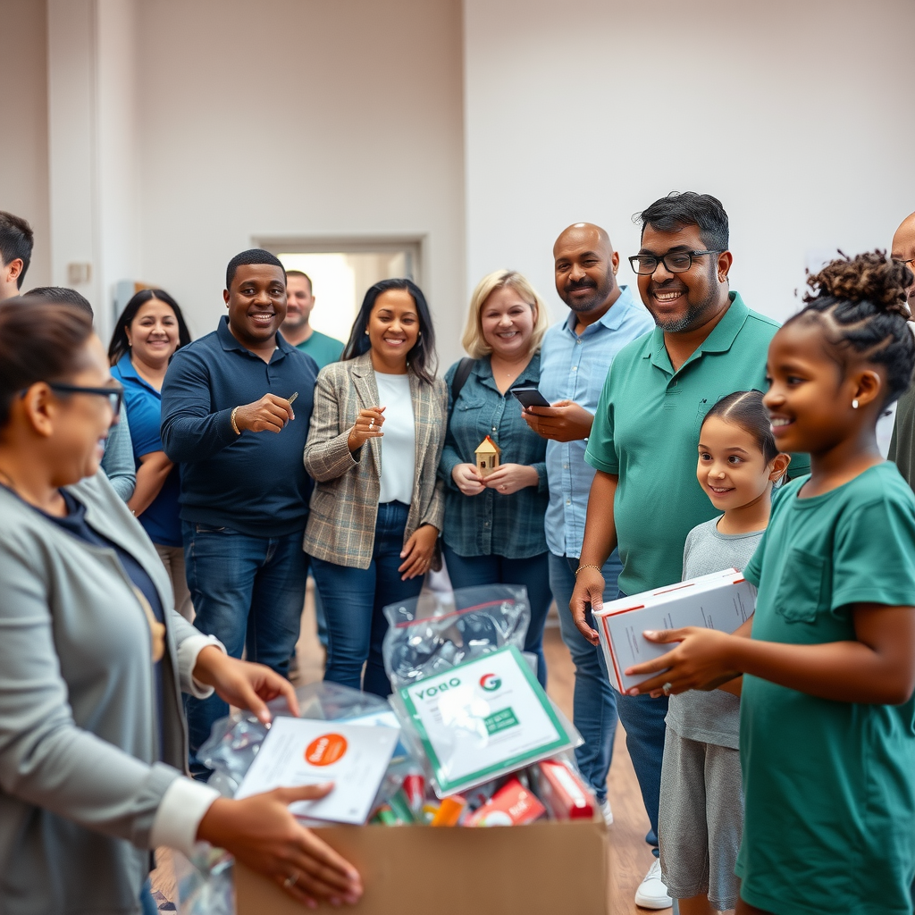 Diverse group of families receiving keys to their new homes, volunteers distributing supplies at a community center, and children in an educational program, illustrating the tangible impact of charitable contributions