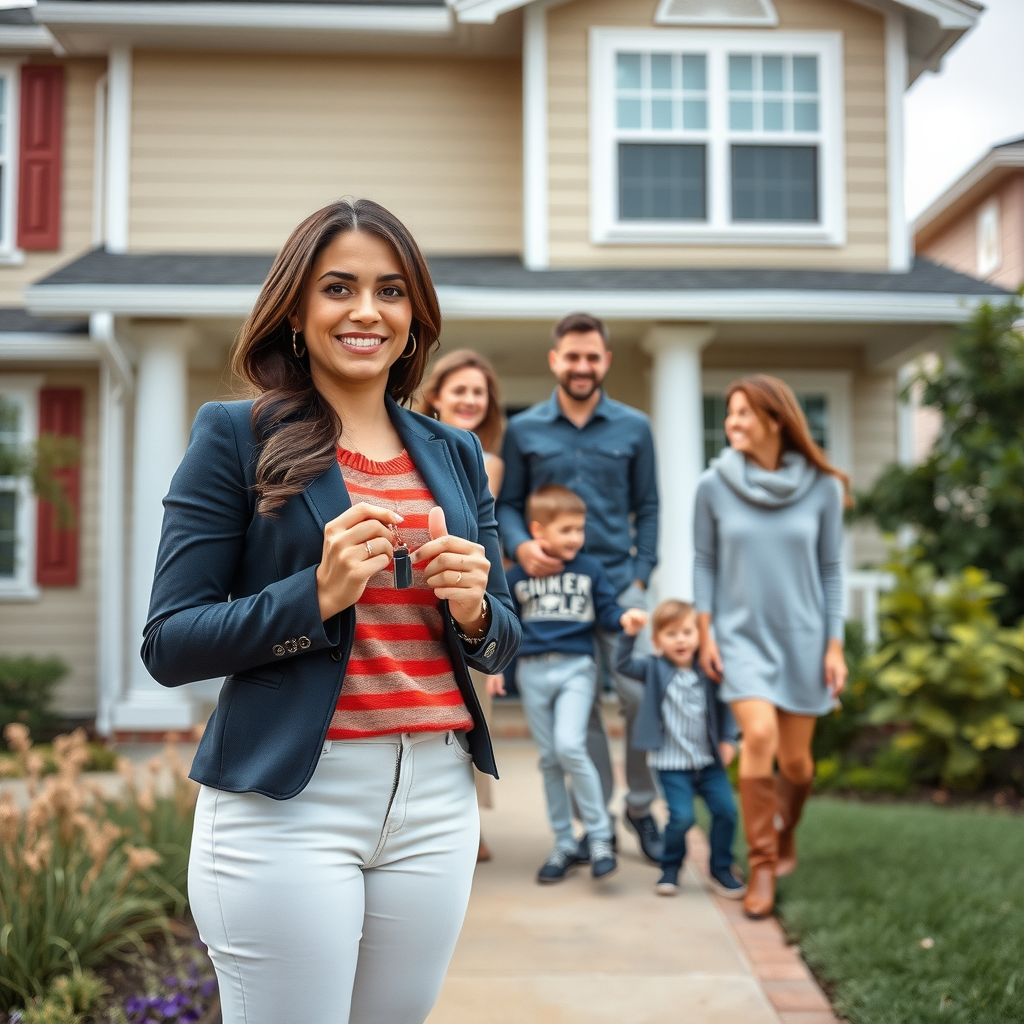 Female real estate agent Sarah Martinez standing in front of a sold home with a happy family, holding keys and smiling, suburban neighborhood setting