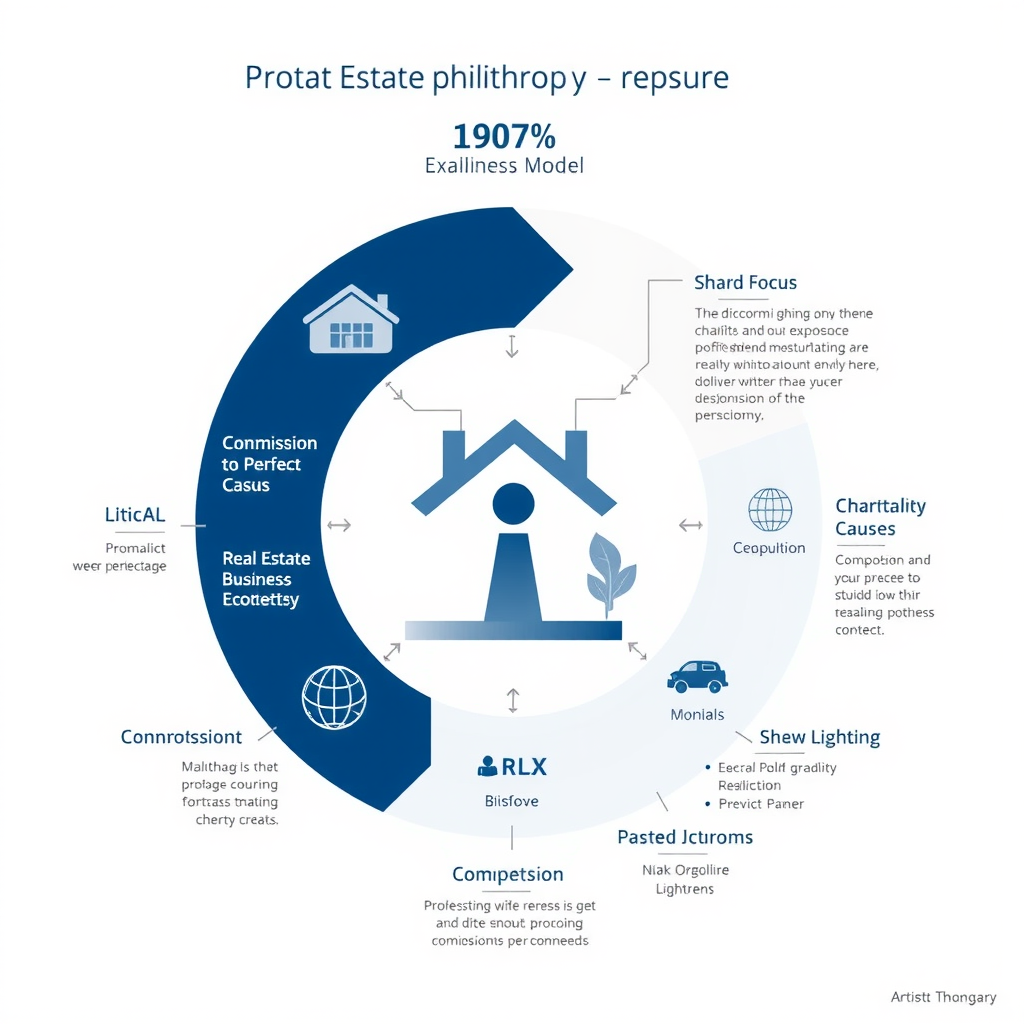 Infographic showing the integration of philanthropy into real estate business model, with circular diagram illustrating how commission portions flow to charitable causes while maintaining business sustainability