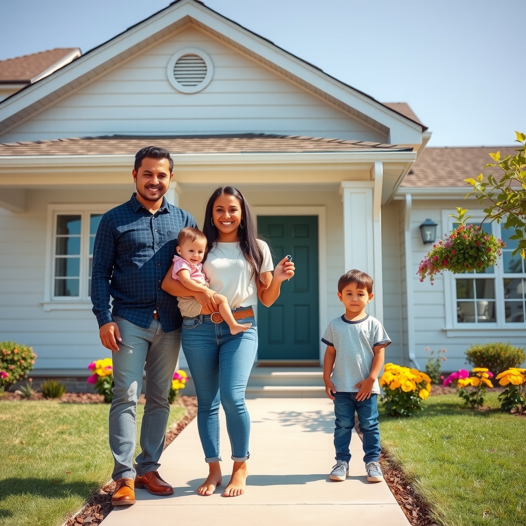 Hispanic woman in her 30s with two children standing proudly in front of a modest single-family home, holding keys, bright sunny day, well-kept front yard with flowers
