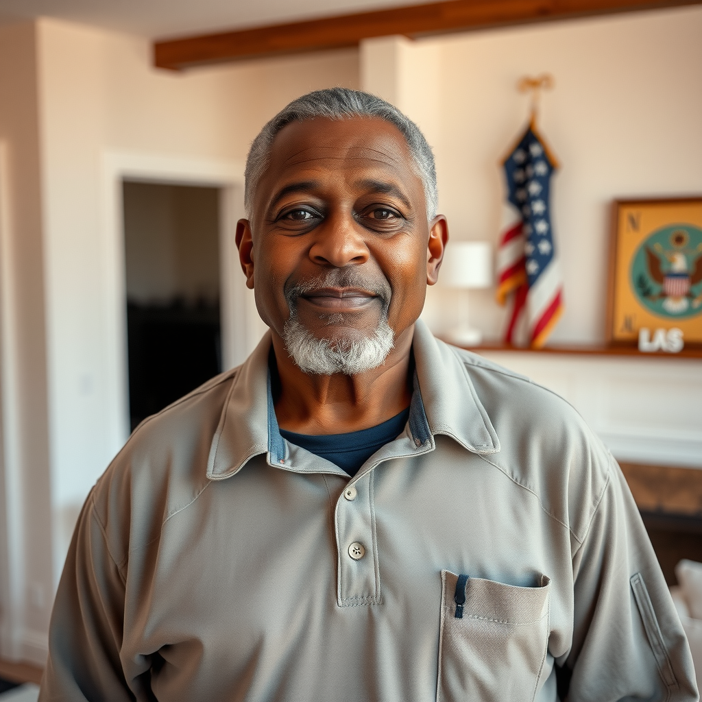 Middle-aged African American male veteran in casual clothes standing in a comfortable apartment living room, American flag visible, warm natural lighting, peaceful expression