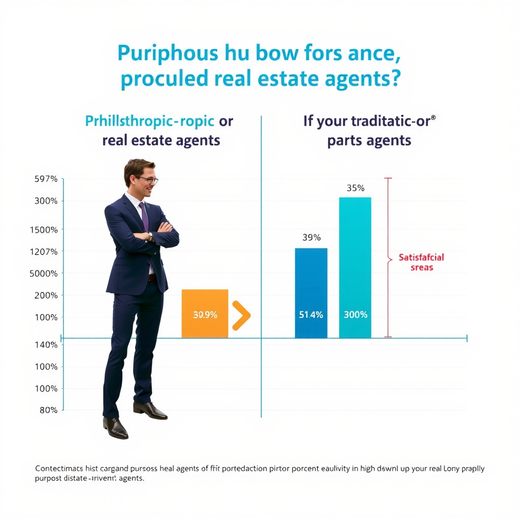 Professional business chart showing comparative performance metrics between philanthropic and traditional real estate agents, with bar graphs indicating higher client retention, referral rates, and satisfaction scores for purpose-driven agents