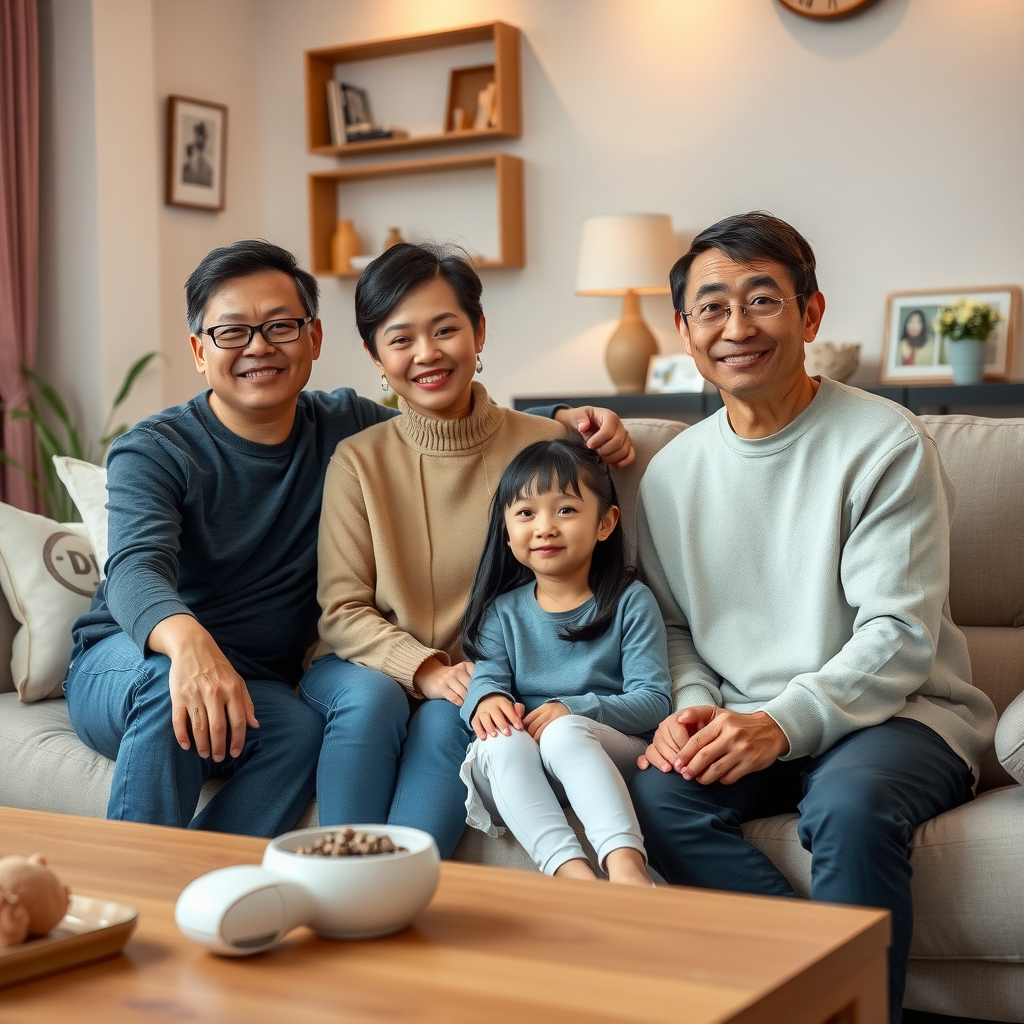 Asian family of four sitting together in their living room, parents and two teenage children, warm home interior, family photos on walls, comfortable and welcoming atmosphere