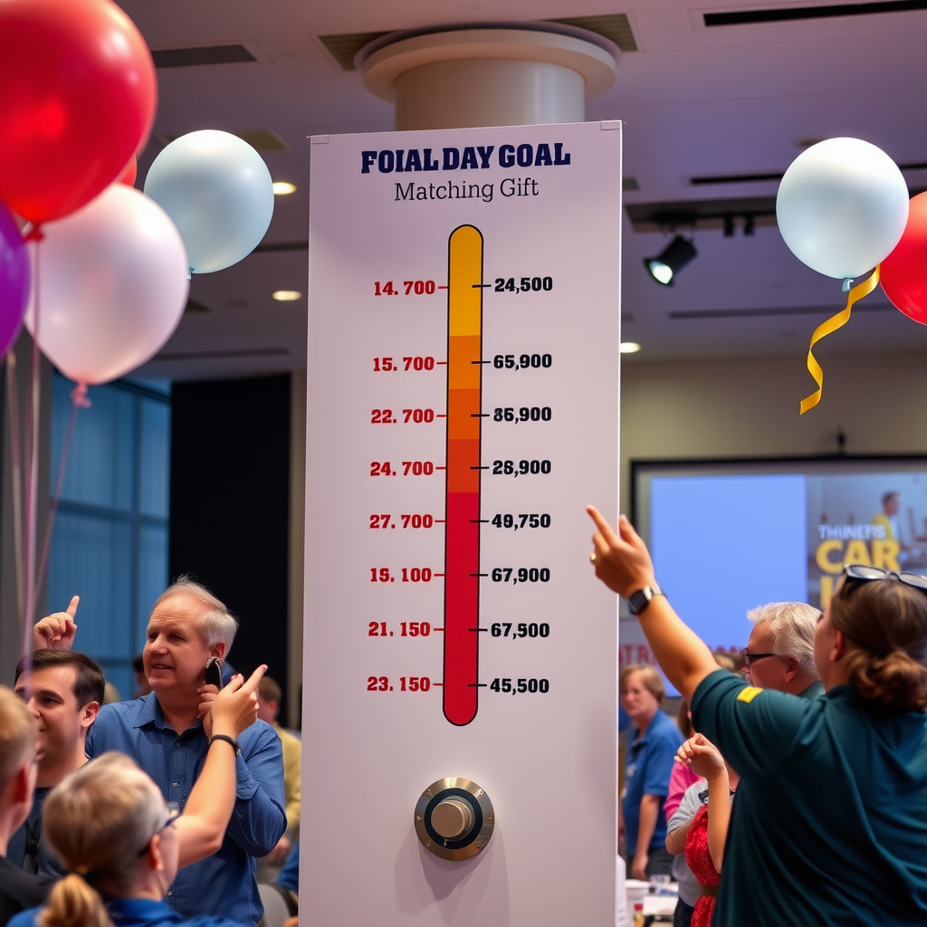 Celebratory image showing a large thermometer-style fundraising goal tracker at a community event, with volunteers and donors celebrating progress toward the matching gift goal, balloons and festive decorations visible