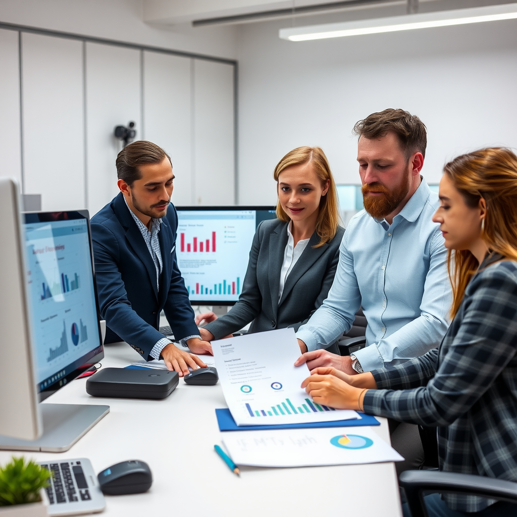 Professional nonprofit team reviewing financial reports and program outcome data on computer screens in a modern, well-organized office environment