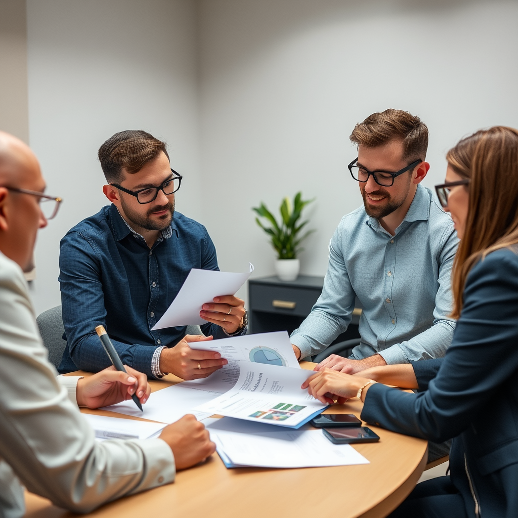 Real estate agents in a professional workshop setting, reviewing financial planning documents and discussing philanthropic commitment strategies with Realty Foundation advisors