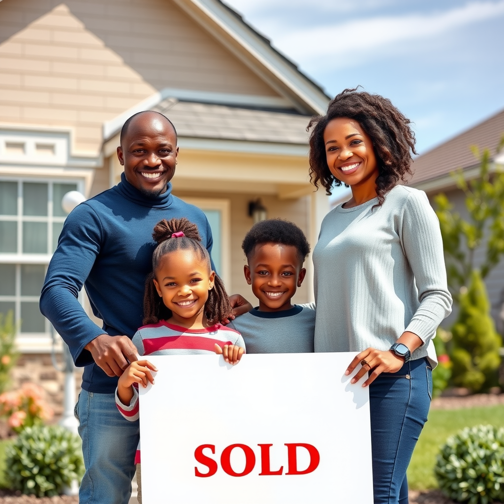 African American family with parents and two children standing proudly in front of their new home, holding sold sign, big smiles, suburban neighborhood, sunny day