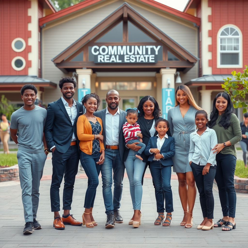 Inspiring image of diverse real estate professionals standing together in front of a vibrant community center, with families and children in the background, symbolizing the bright future of purpose-driven real estate