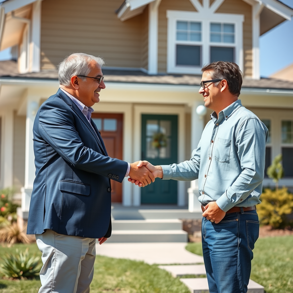 Professional real estate agent shaking hands with happy clients in front of their new home, trust and satisfaction evident, sunny day