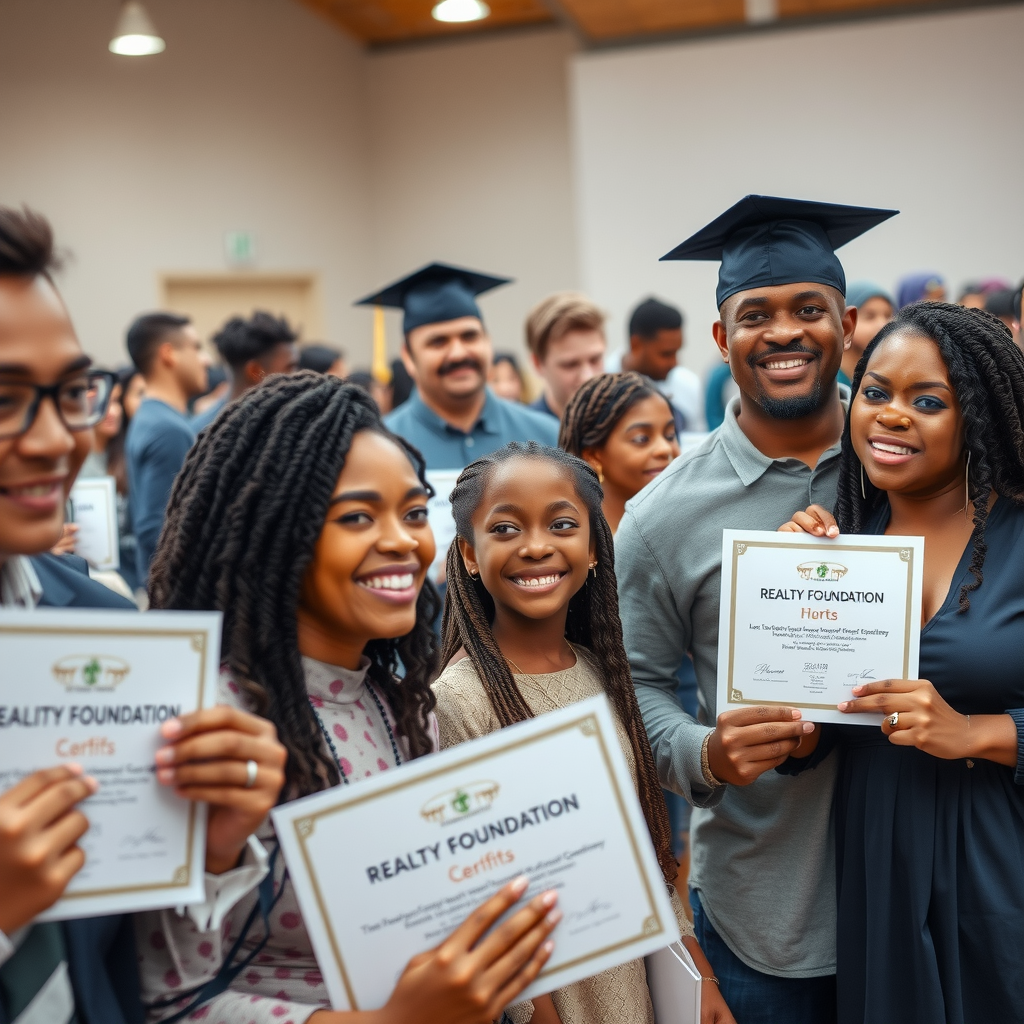 Hopeful scene of diverse families at a Realty Foundation graduation ceremony, people receiving certificates, celebration atmosphere, indoor community center, proud and joyful expressions