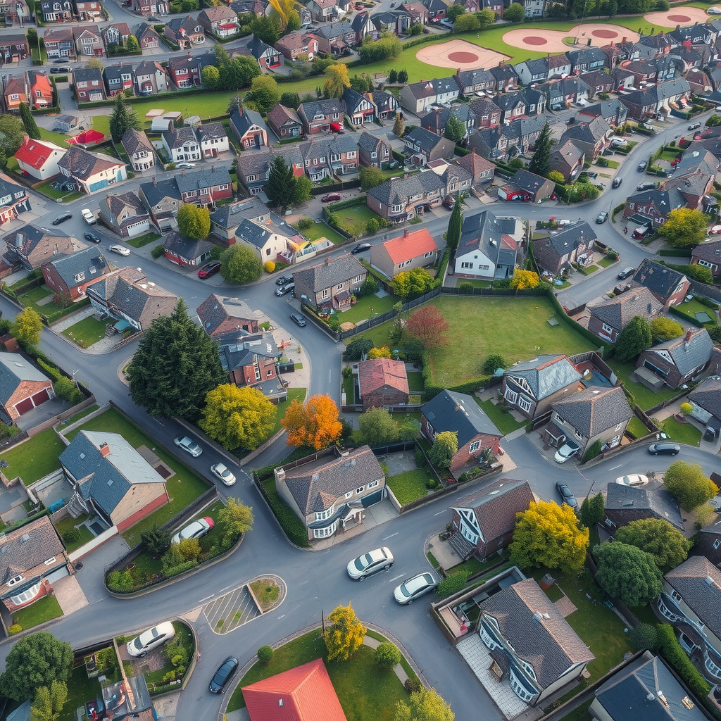 Aerial view of a diverse neighborhood with homes, parks, and community spaces, symbolizing a thriving and connected community built through collective effort